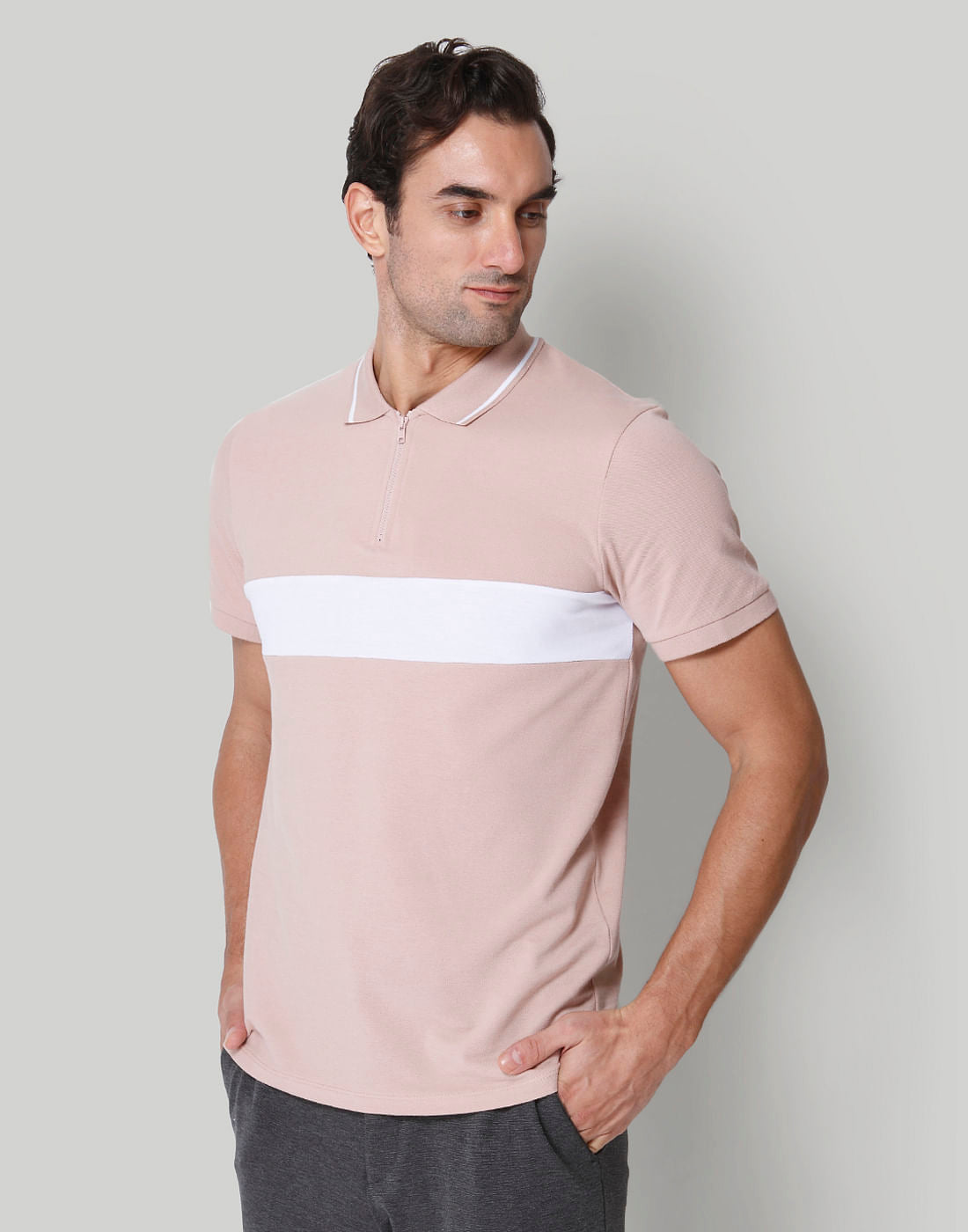 Pink Striped Polo Neck T-Shirt