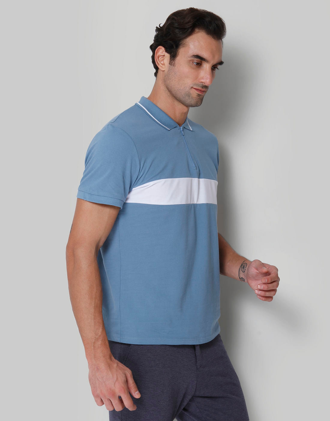 Blue Striped Polo Neck T-Shirt