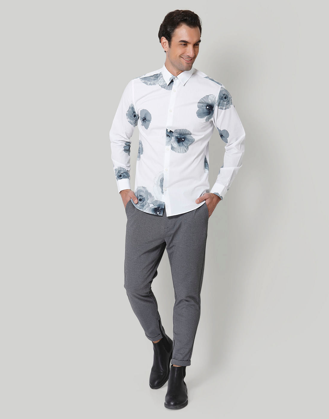 White Floral Print Full Sleeves Shirt