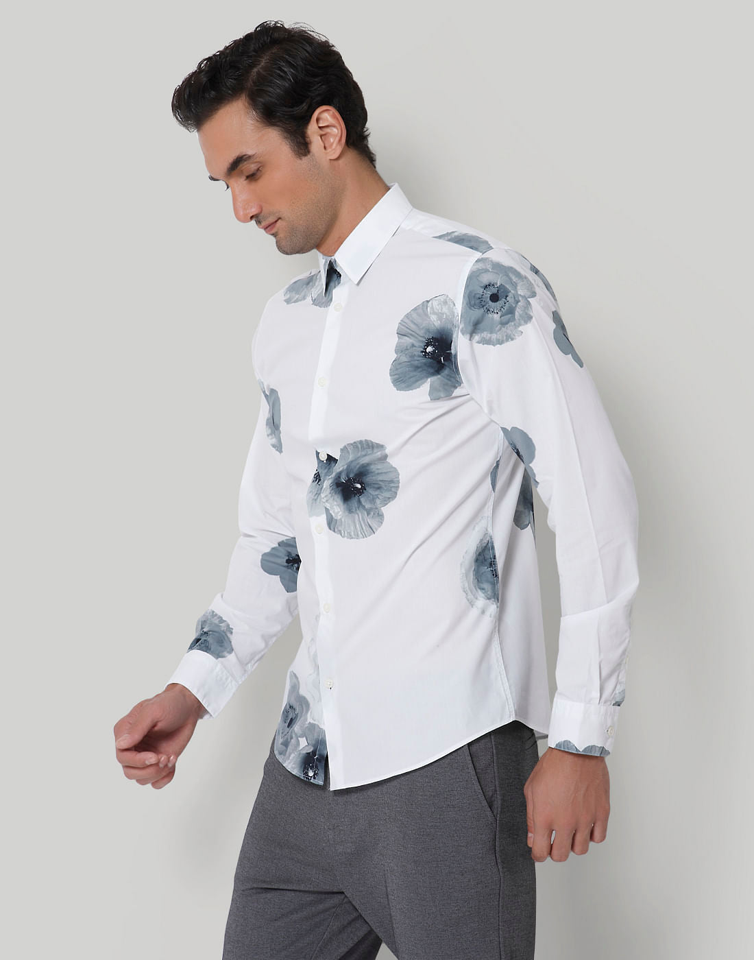 White Floral Print Full Sleeves Shirt