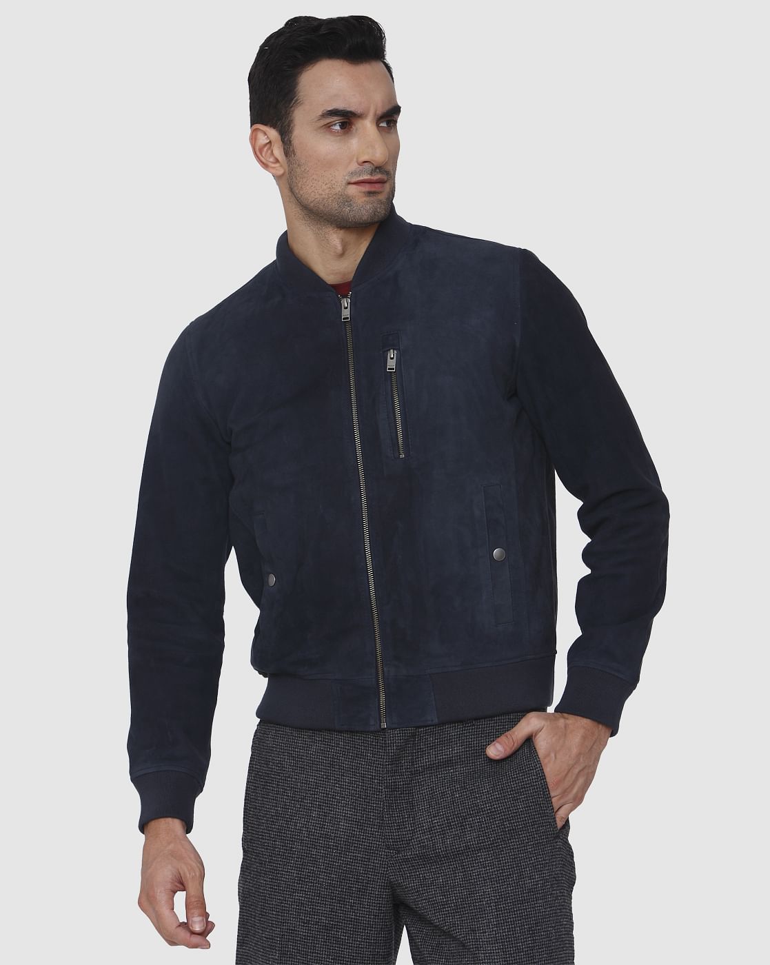 Navy Blue Suede Bomber Jacket