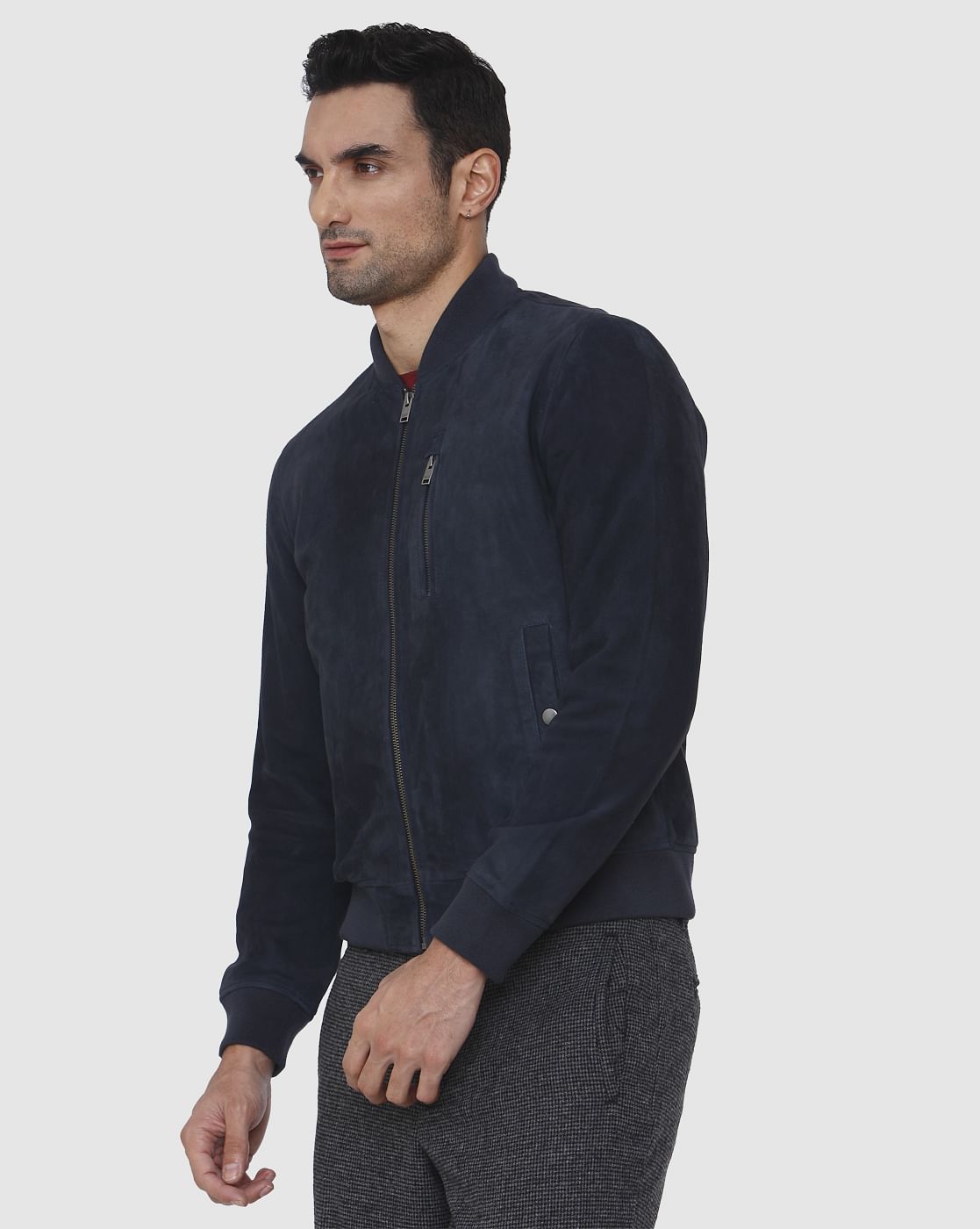 Navy Blue Suede Bomber Jacket