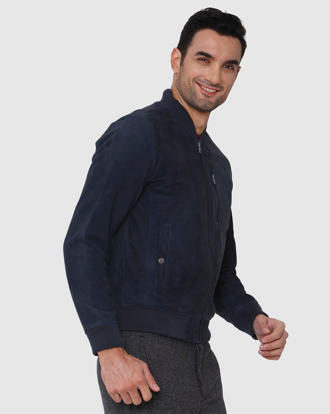 Navy Blue Suede Bomber Jacket