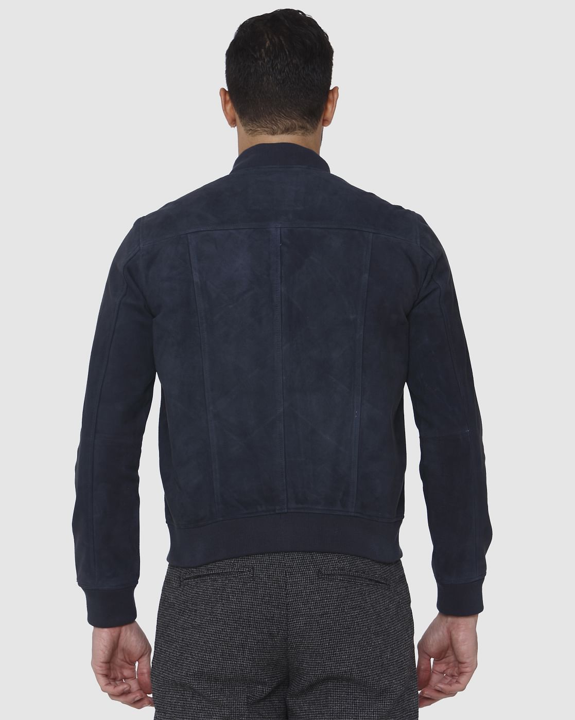 Navy Blue Suede Bomber Jacket