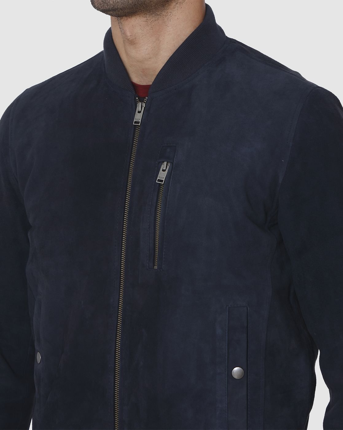 Navy Blue Suede Bomber Jacket