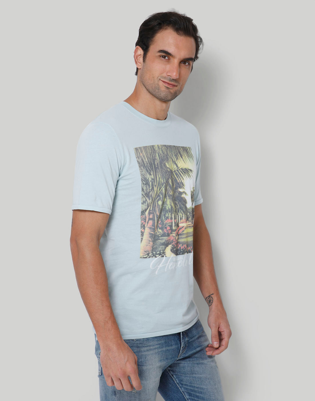 Blue Printed Crew Neck T-Shirt