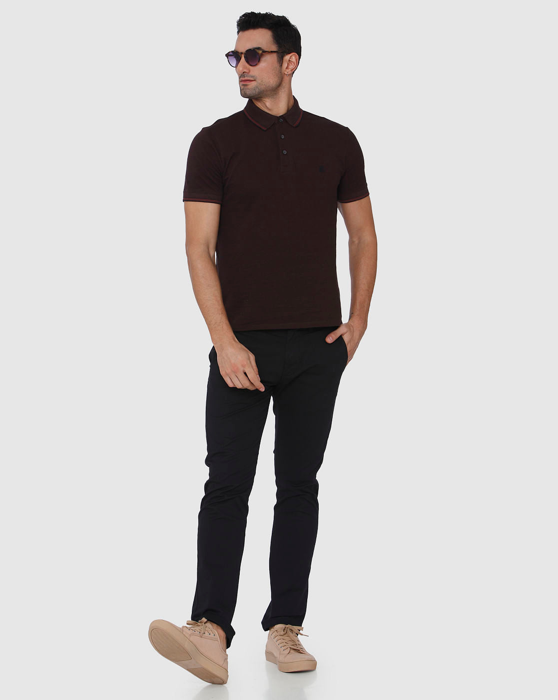 Burgundy Contrast Tipping Slim Fit Polo Neck T-Shirt