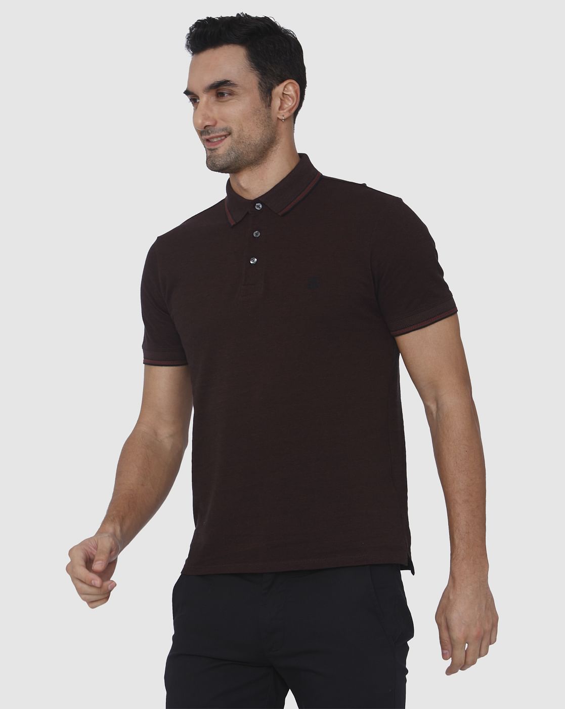 Burgundy Contrast Tipping Slim Fit Polo Neck T-Shirt