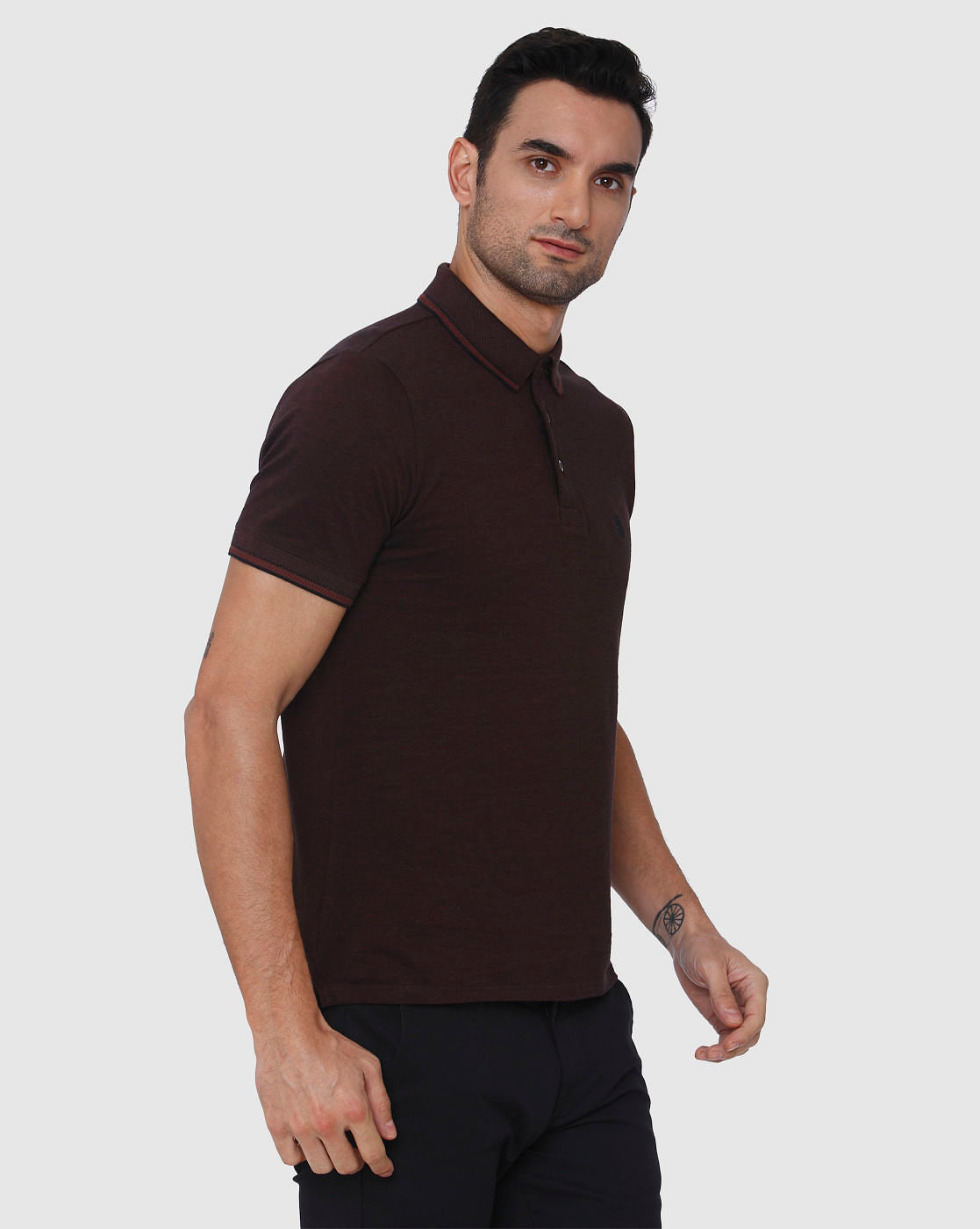 Burgundy Contrast Tipping Slim Fit Polo Neck T-Shirt