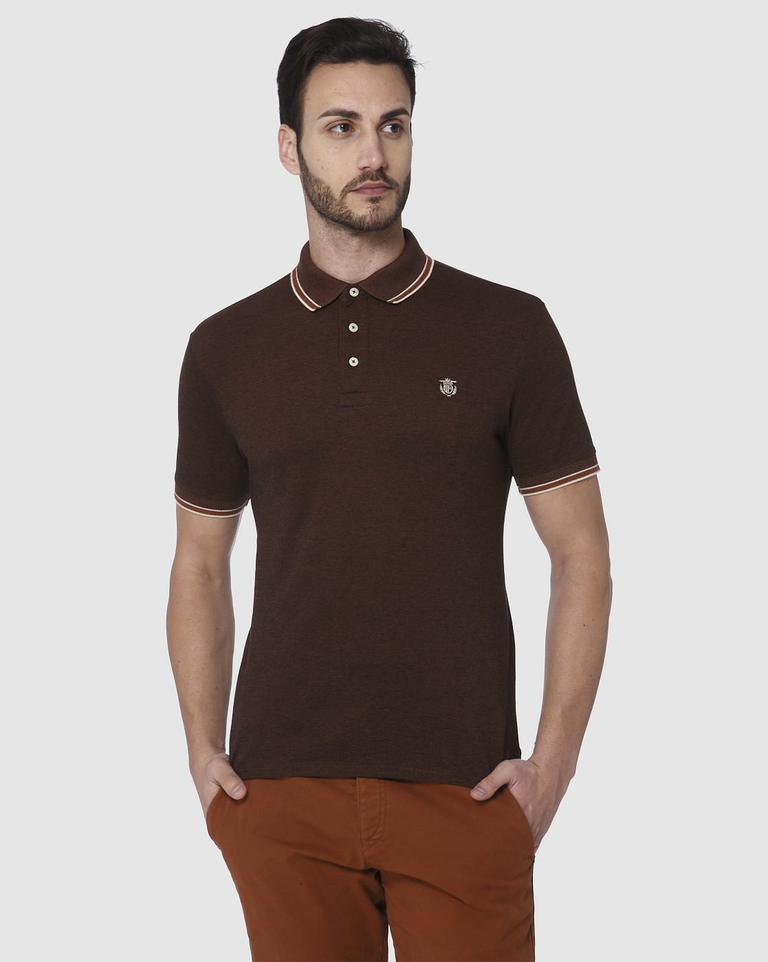 Brown Contrast Tipping Slim Fit Polo Neck T-Shirt