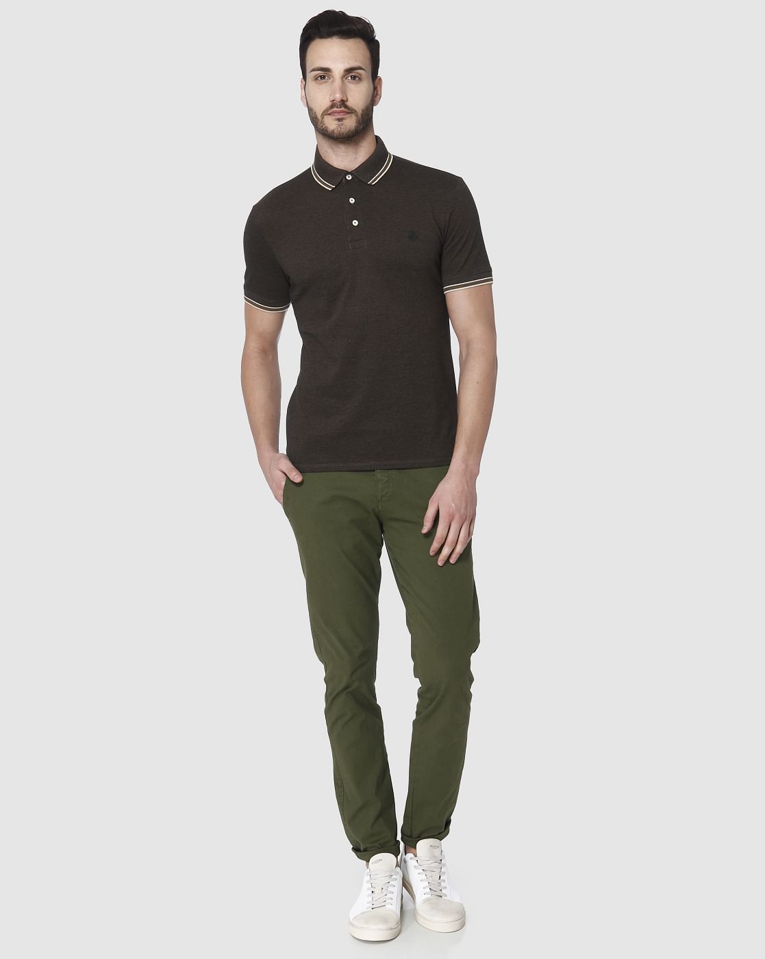 Dark Brown Contrast Tipping Slim Fit Polo Neck T-Shirt