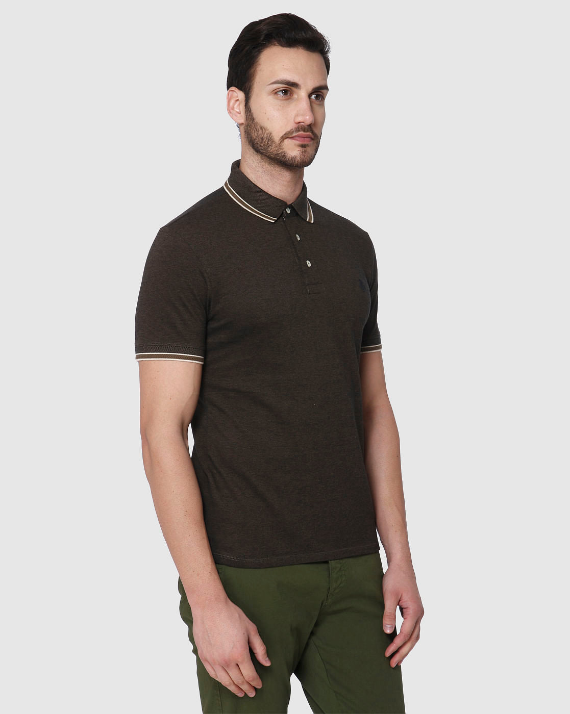 Dark Brown Contrast Tipping Slim Fit Polo Neck T-Shirt
