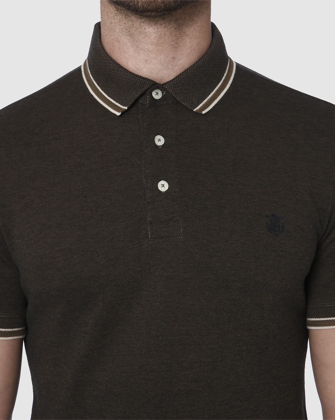 Dark Brown Contrast Tipping Slim Fit Polo Neck T-Shirt