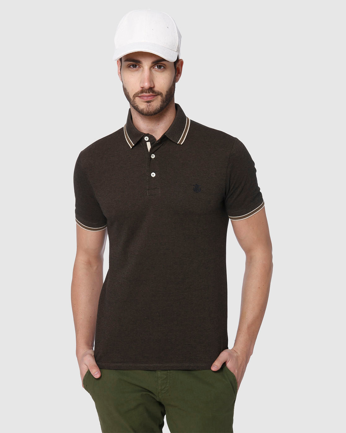 Dark Brown Contrast Tipping Slim Fit Polo Neck T-Shirt