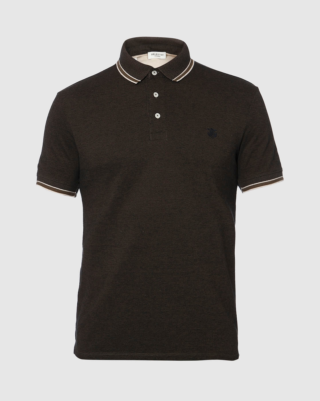 Dark Brown Contrast Tipping Slim Fit Polo Neck T-Shirt