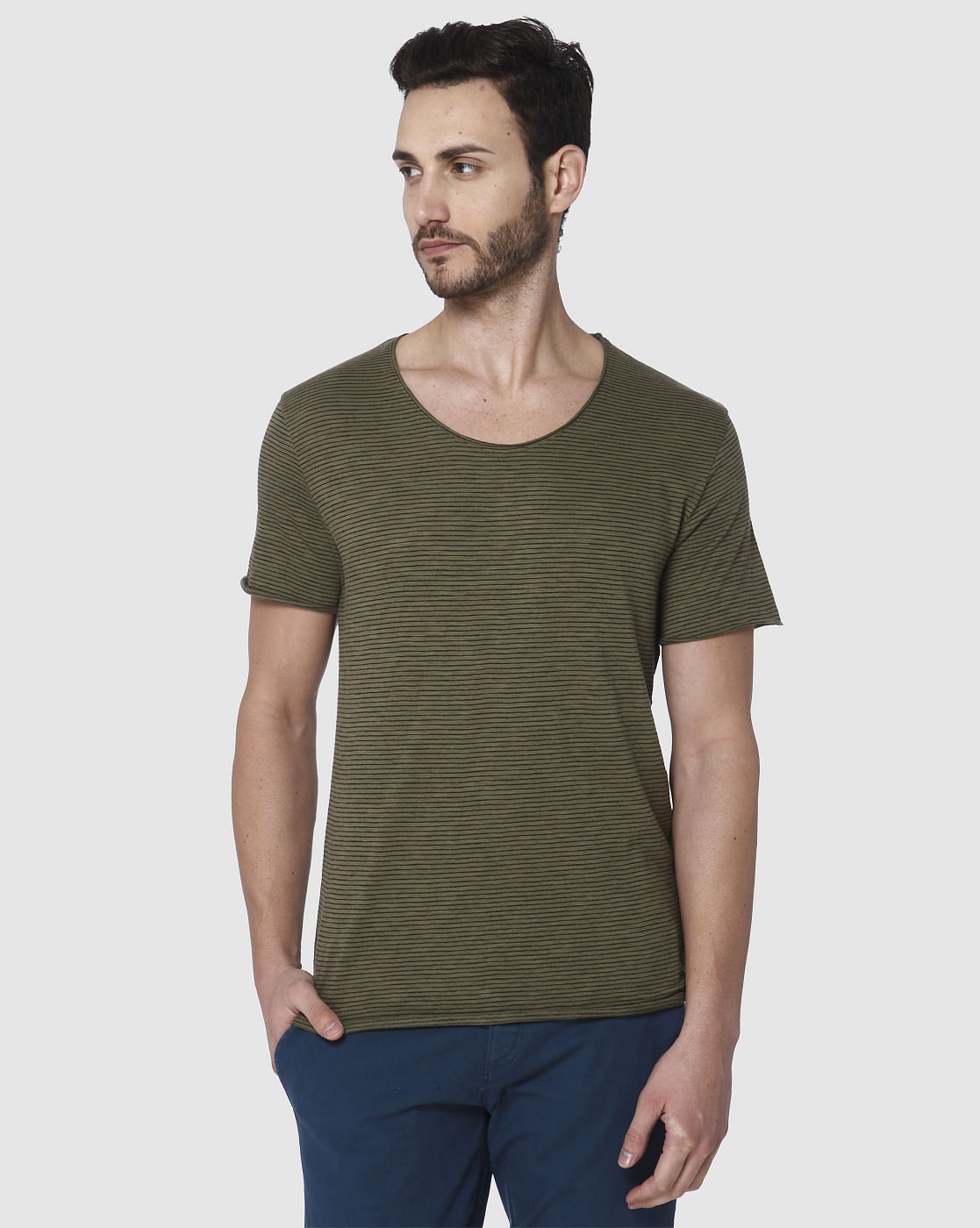 Green Striped Crew Neck T-Shirt