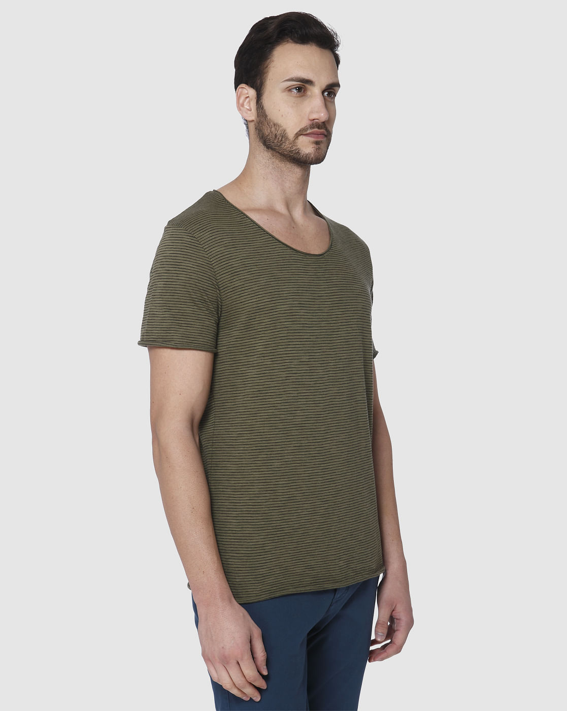 Green Striped Crew Neck T-Shirt