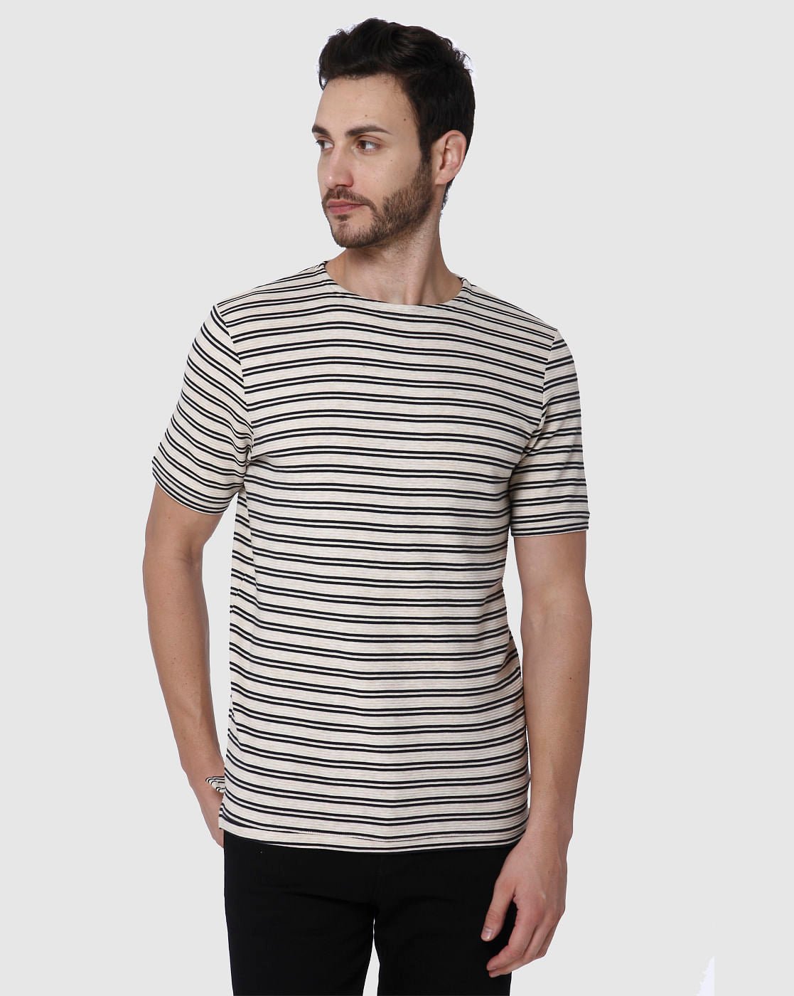 Beige Striped Crew Neck T-Shirt