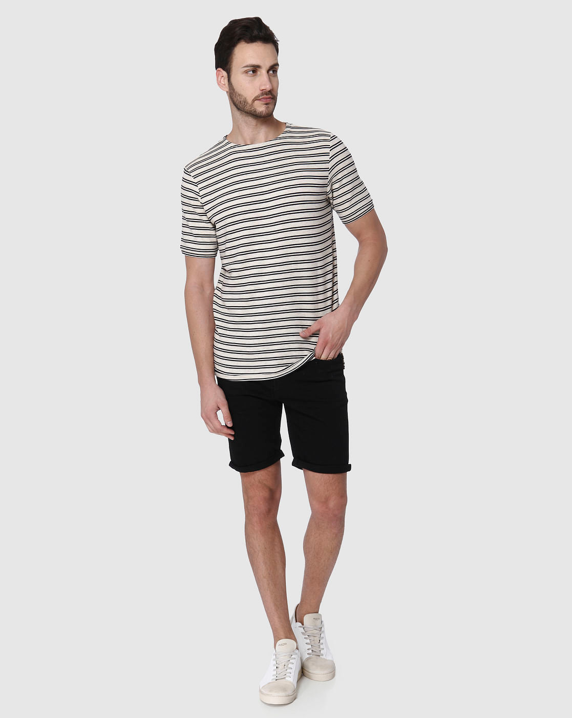 Beige Striped Crew Neck T-Shirt