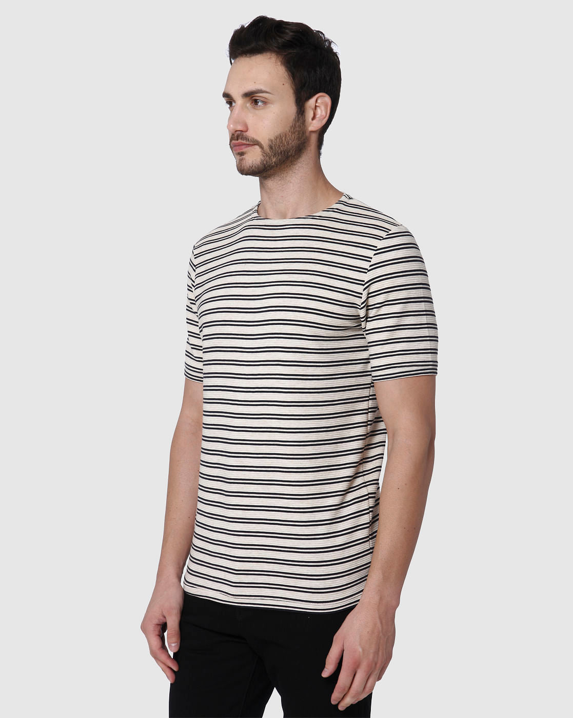 Beige Striped Crew Neck T-Shirt