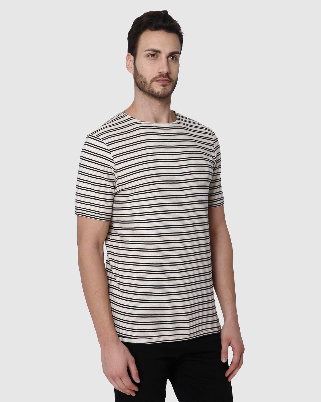 Beige Striped Crew Neck T-Shirt