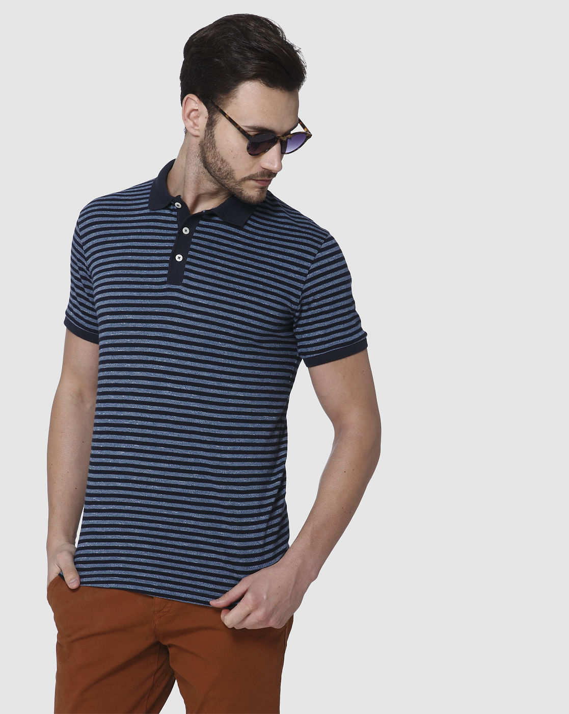 Navy Blue Striped Polo T-Shirt
