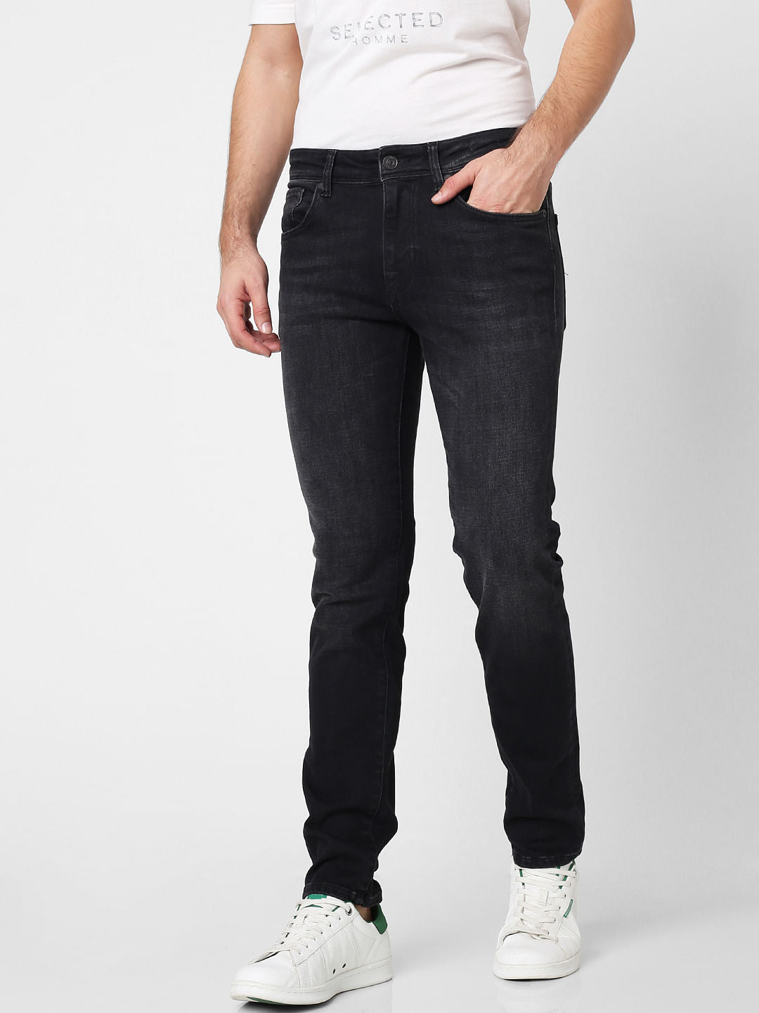 Black Mid Rise Washed Slim Fit Jeans