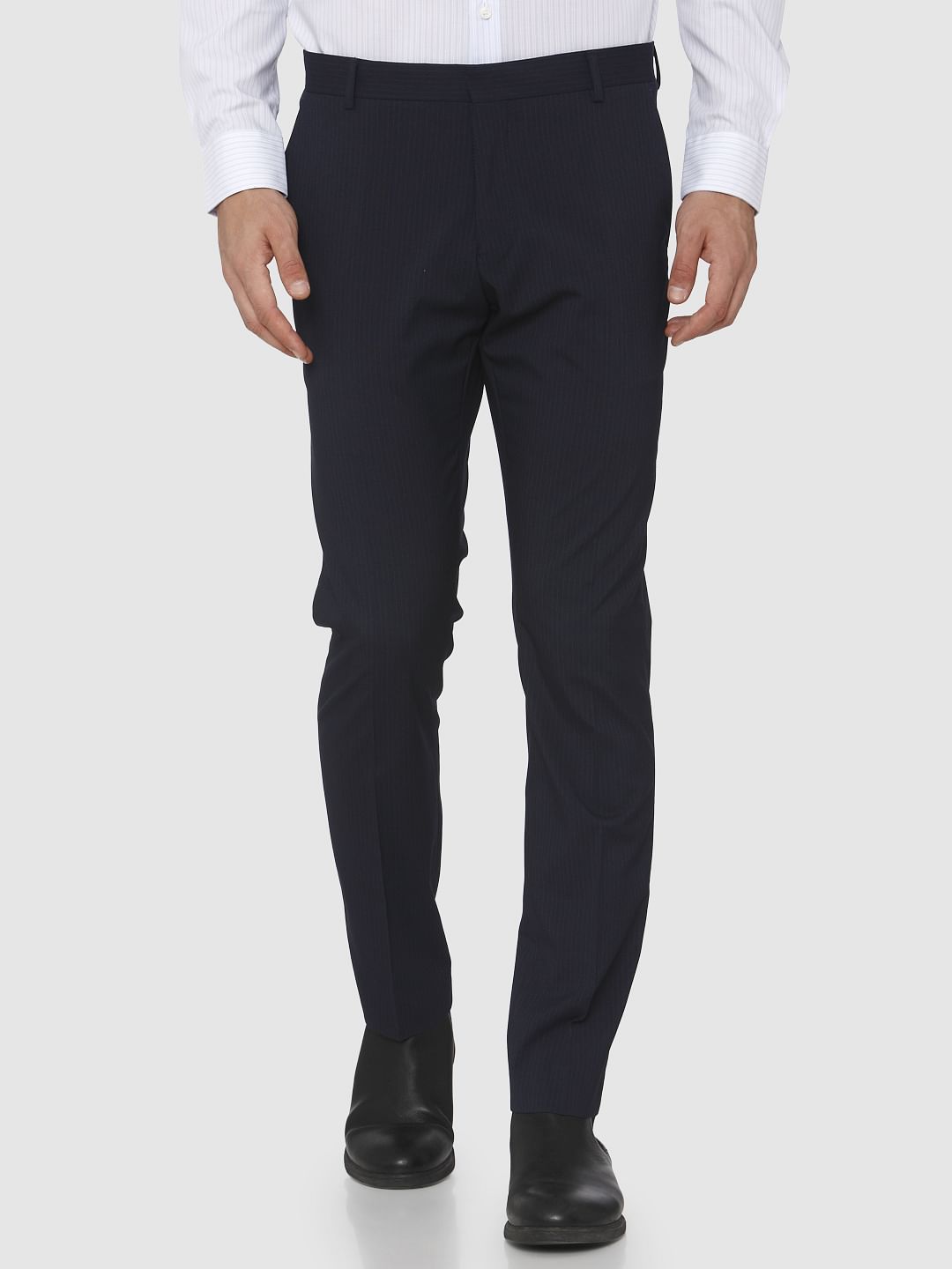 Blue Mid Rise Striped Formal Trousers