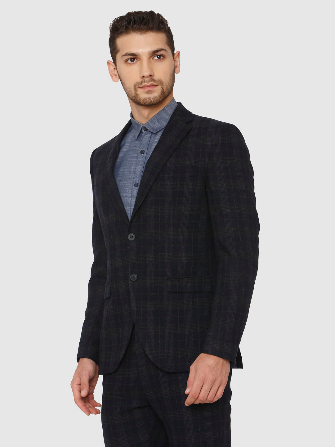 Navy Blue Check Slim Fit Blazer