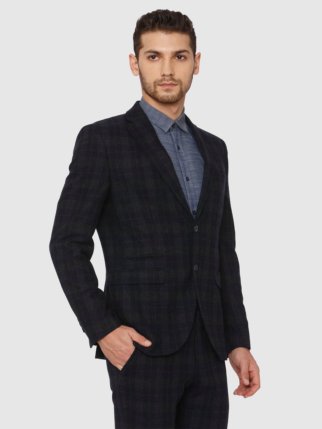 Navy Blue Check Slim Fit Blazer