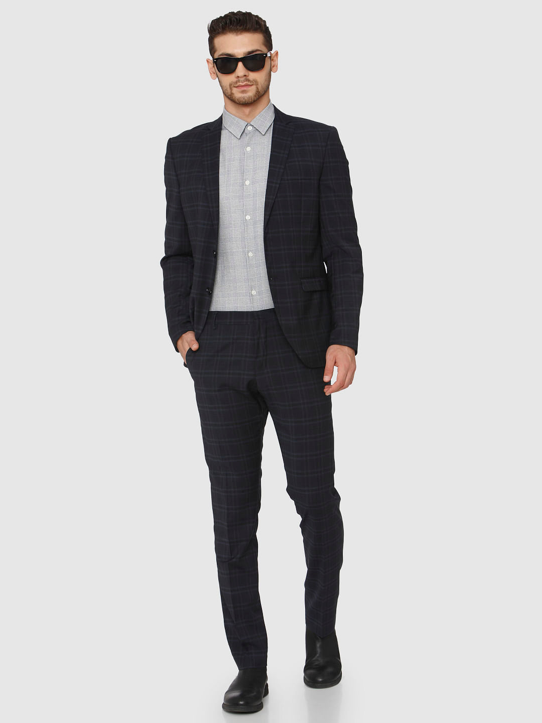 Navy Blue Check Formal Blazer