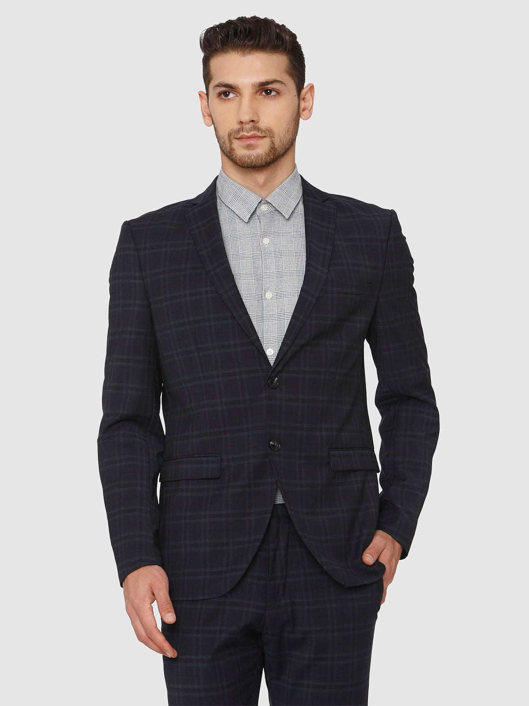 Navy Blue Check Formal Blazer