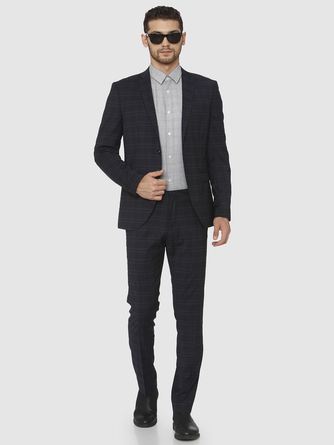 Navy Blue Check Formal Trousers