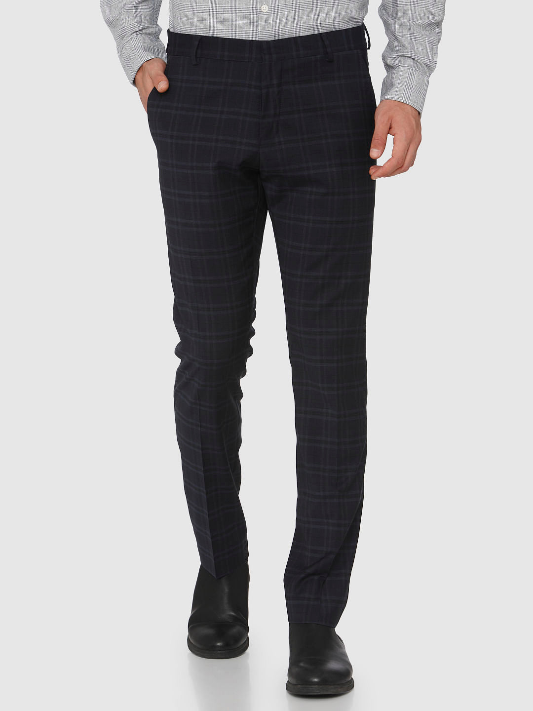 Navy Blue Check Formal Trousers