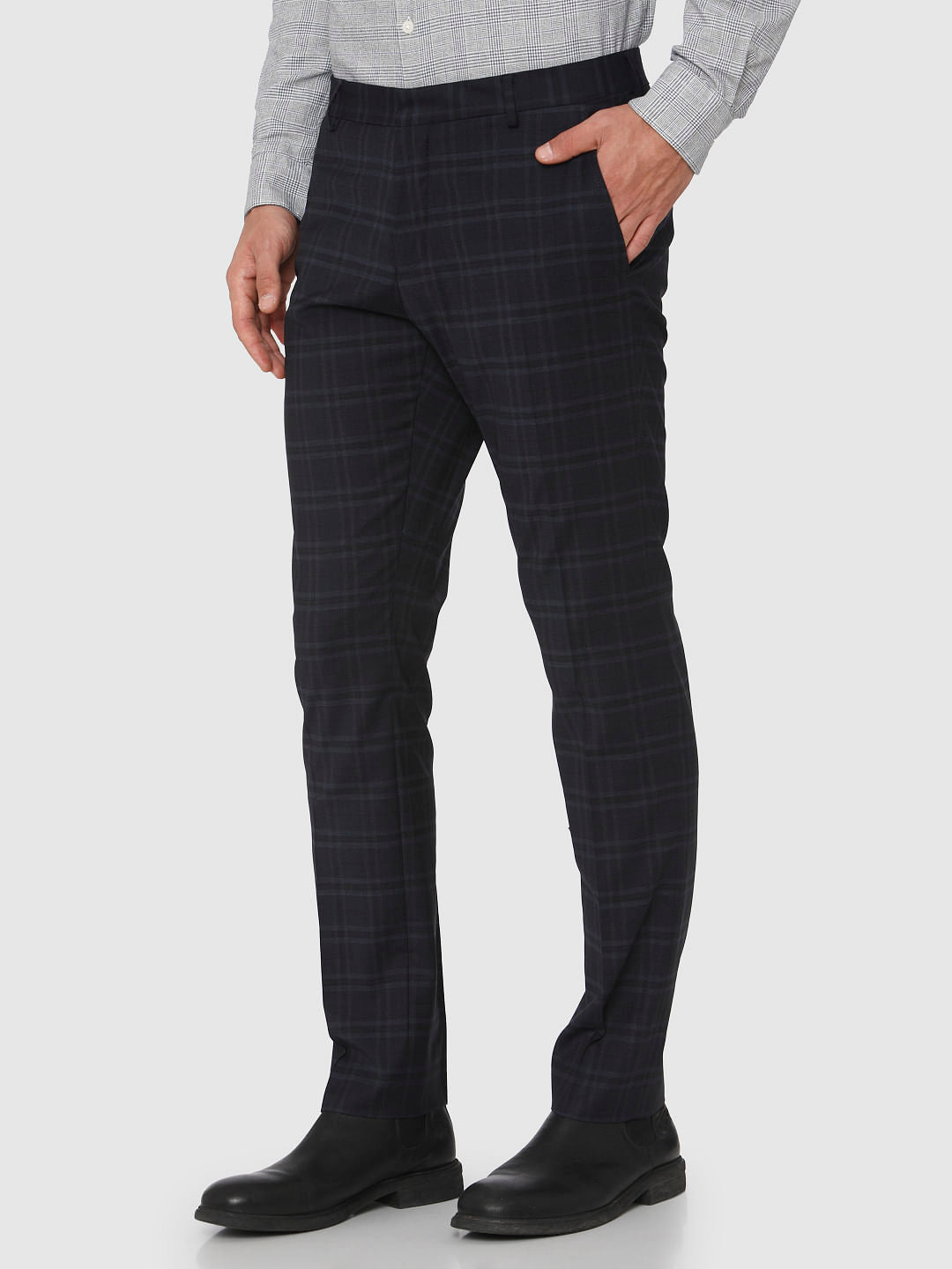 Navy Blue Check Formal Trousers