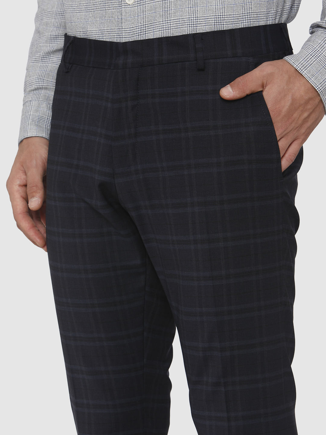 Navy Blue Check Formal Trousers