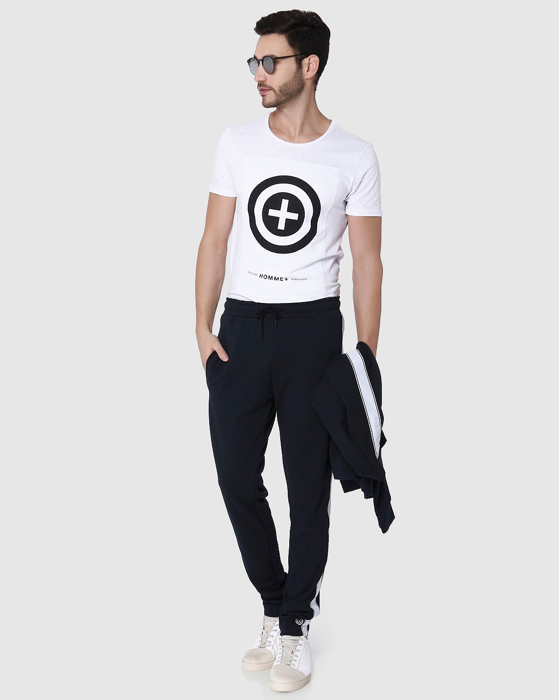 Navy Blue Tape Detail Drawstring Sweatpants