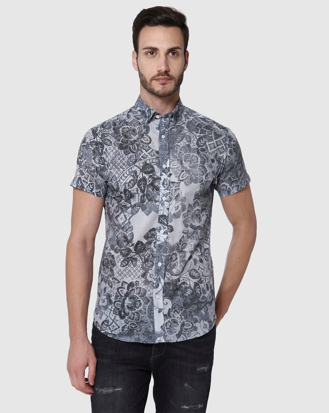 Black Floral Print Short Sleeves Shirt