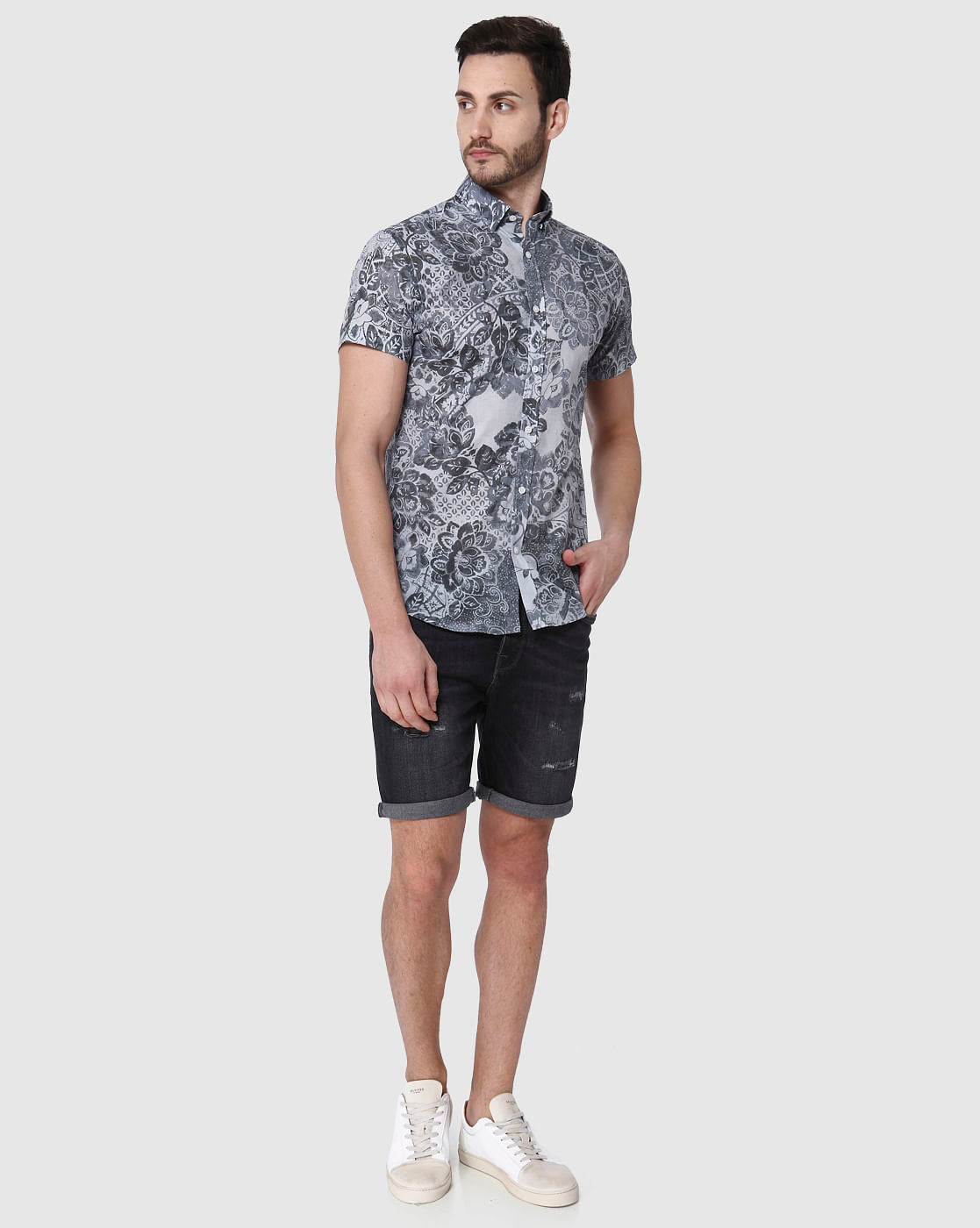 Black Floral Print Short Sleeves Shirt