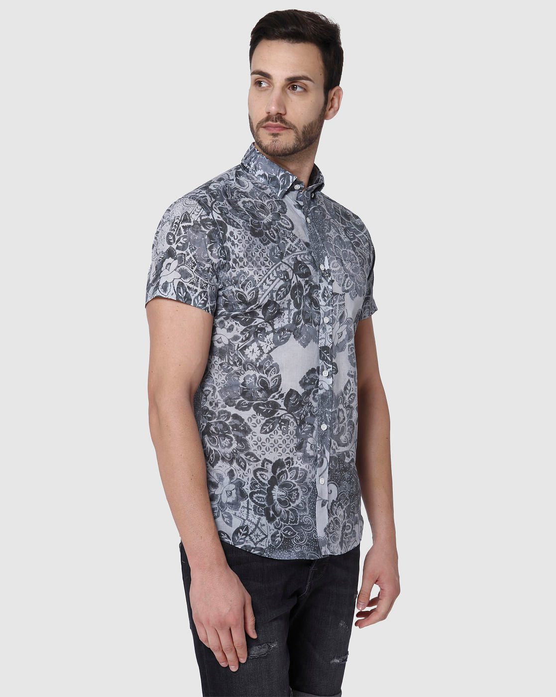 Black Floral Print Short Sleeves Shirt