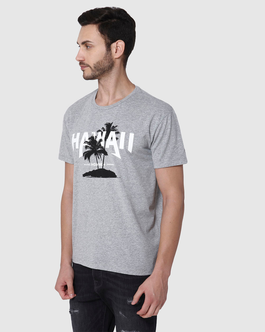 Grey Printed Crew Neck T-Shirt