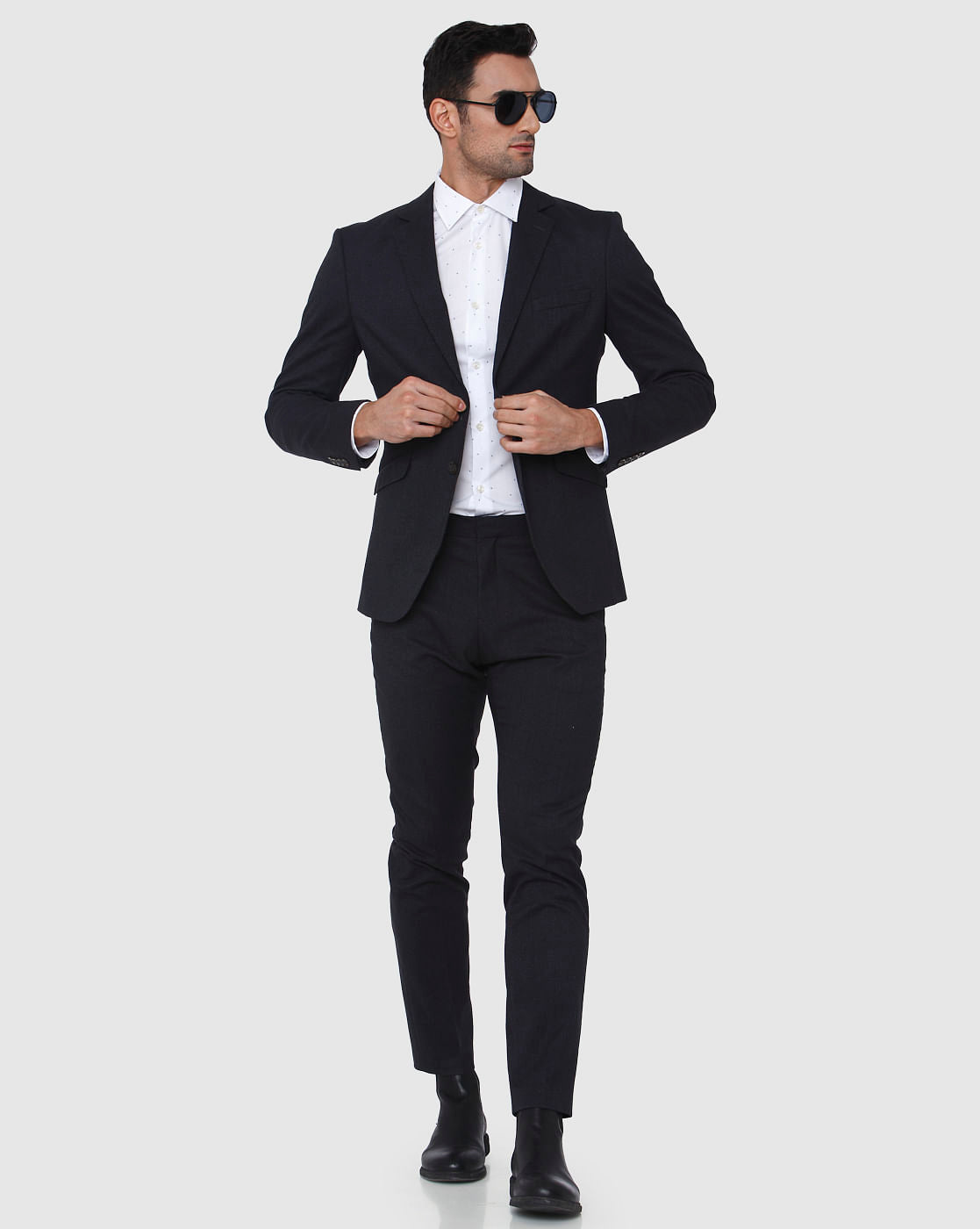 Navy Blue Textured Slim Fit Trousers