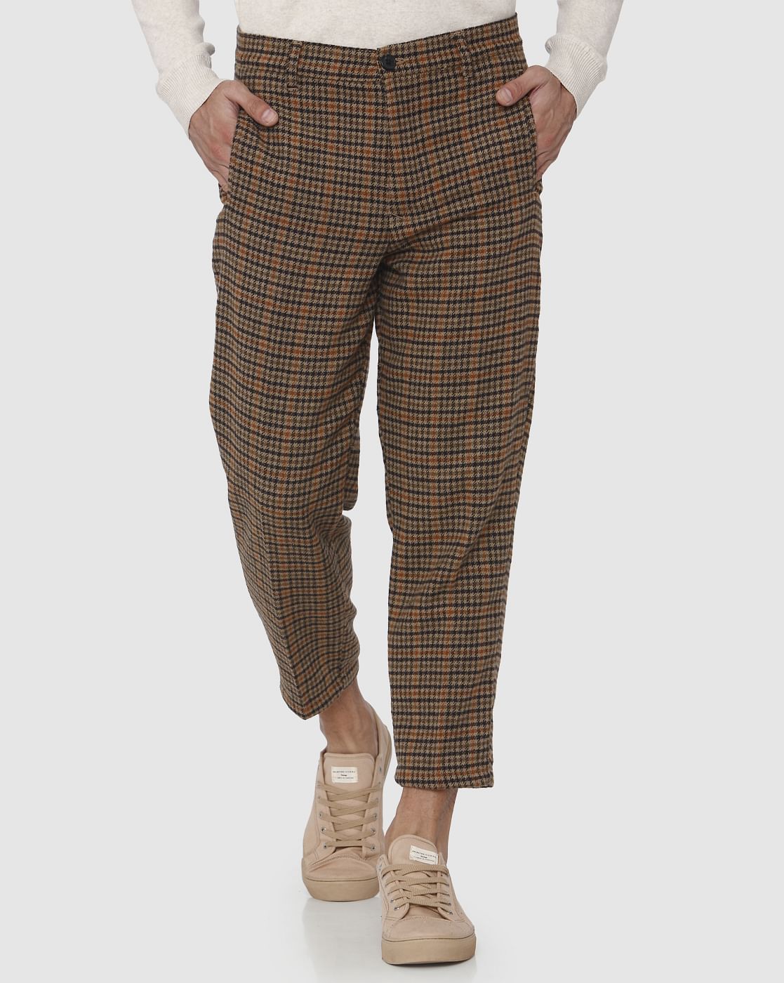 Brown Check Straight Fit Pants