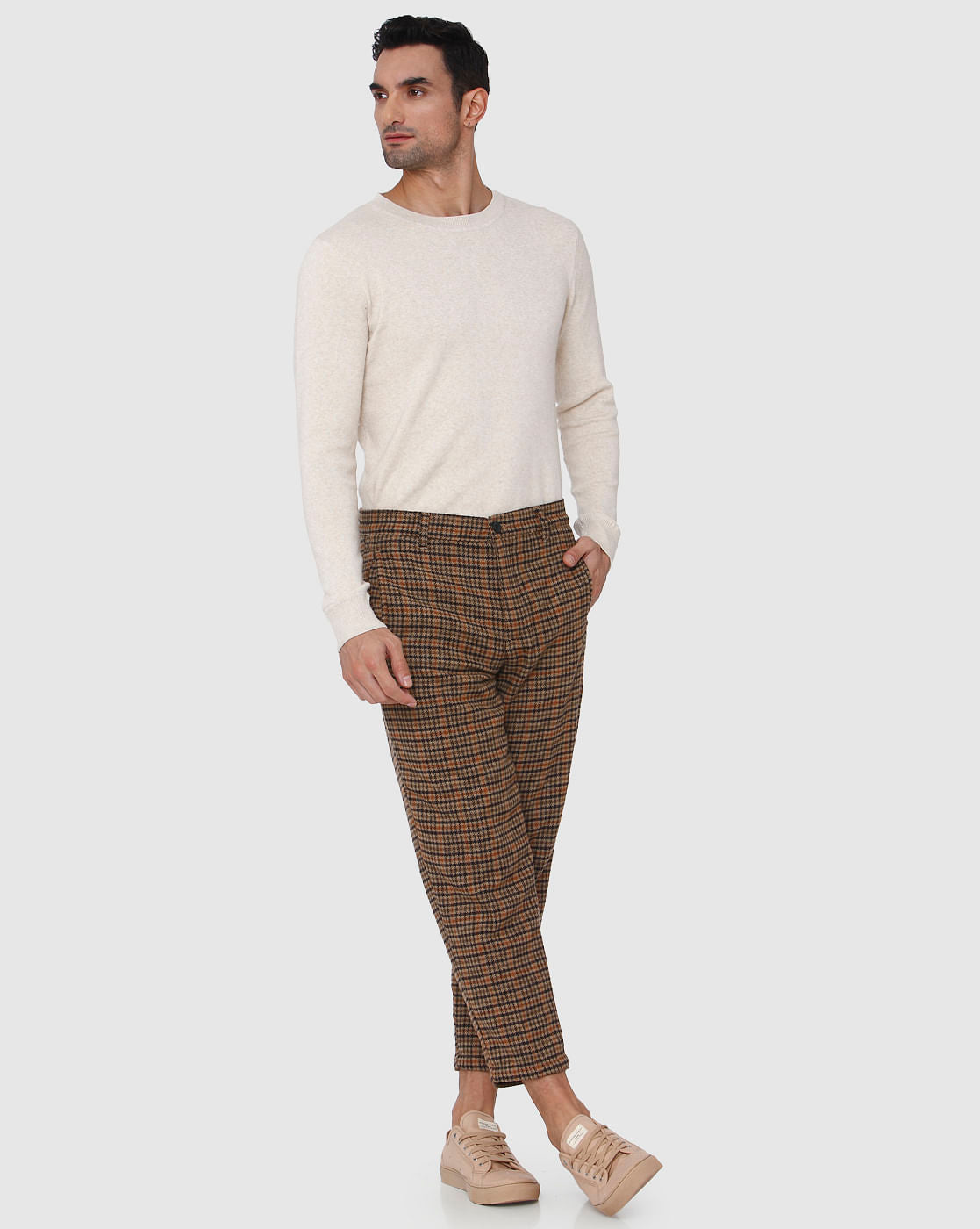 Brown Check Straight Fit Pants