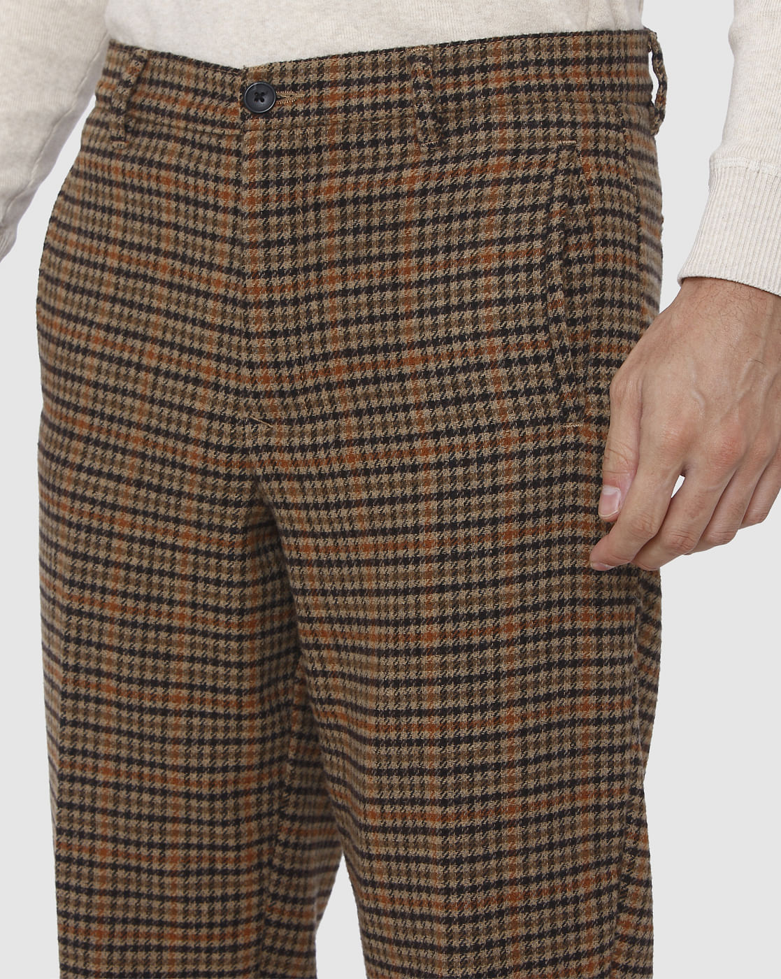 Brown Check Straight Fit Pants
