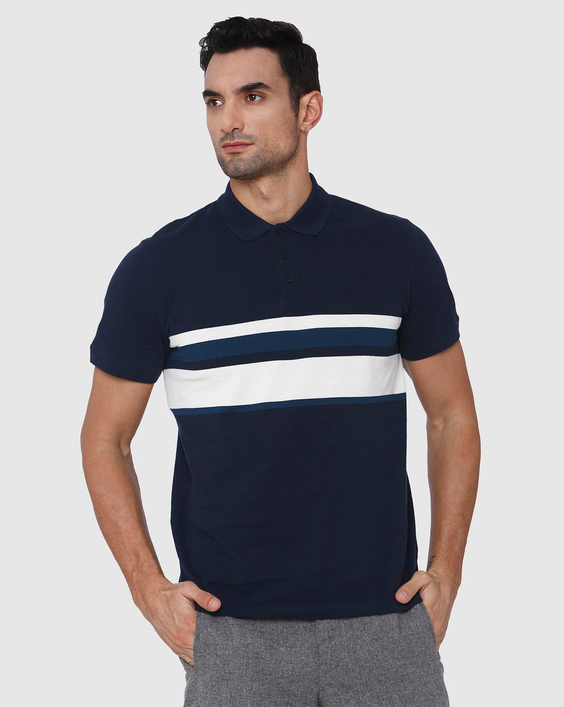Blue Colourblocked Polo Neck T-Shirt
