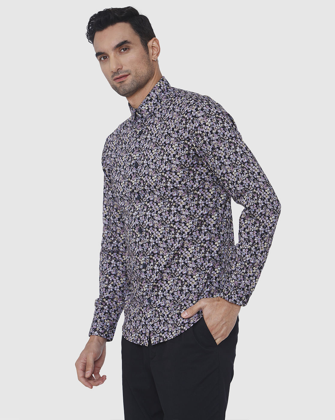 Black Floral Print Full Sleeves Shirt
