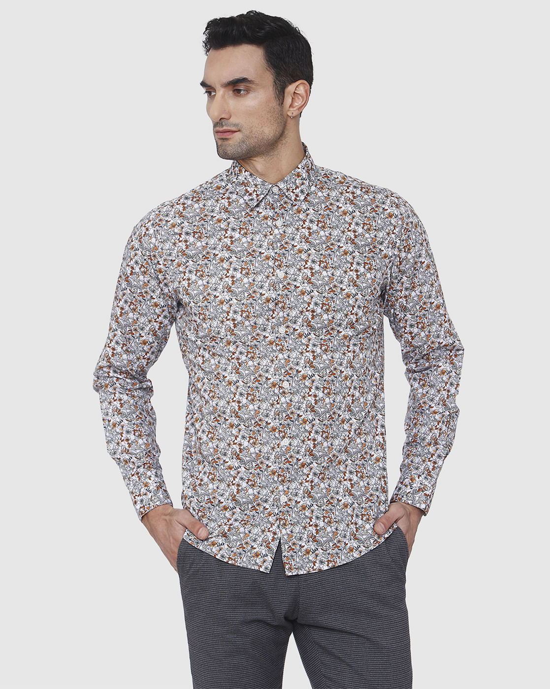 White Floral Print Full Sleeves Shirt