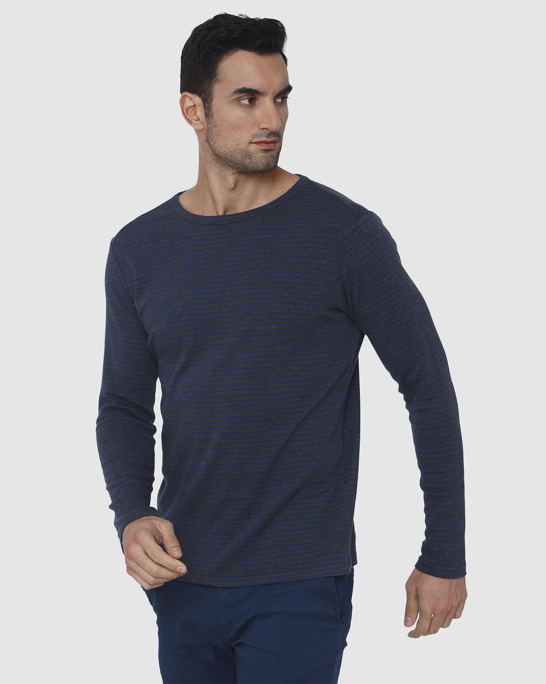 Blue Striped Slim Fit Crew Neck T-Shirt