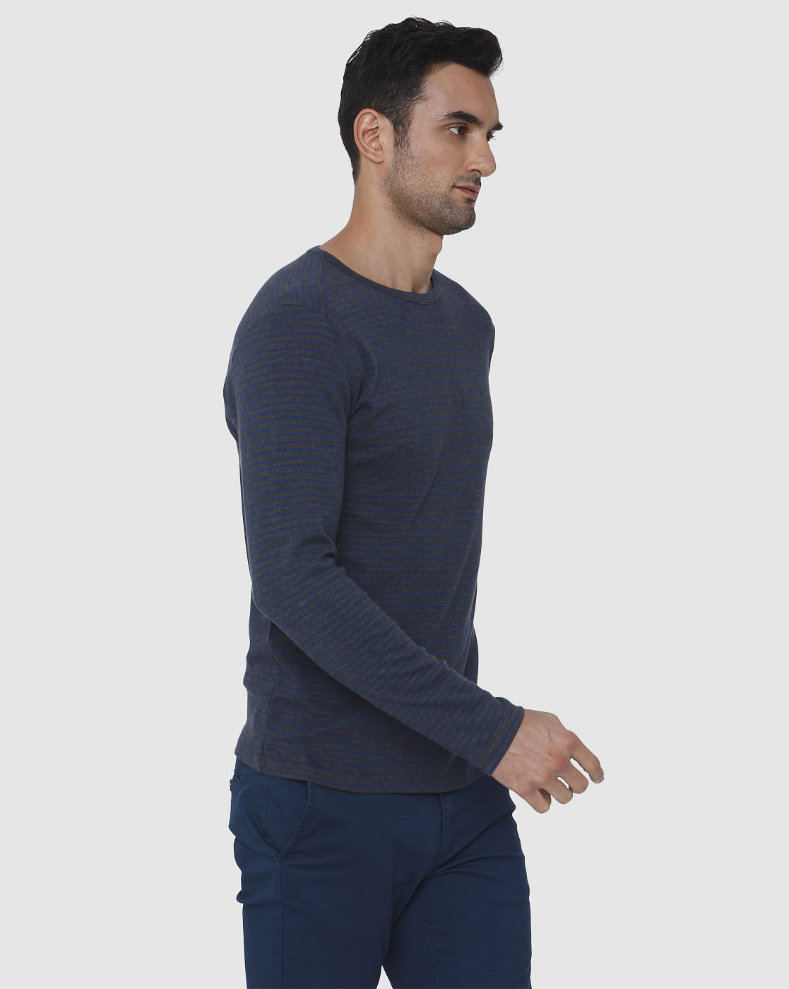 Blue Striped Slim Fit Crew Neck T-Shirt